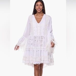 Ranees White Bohemian Long Sleeve Cotton Dress
